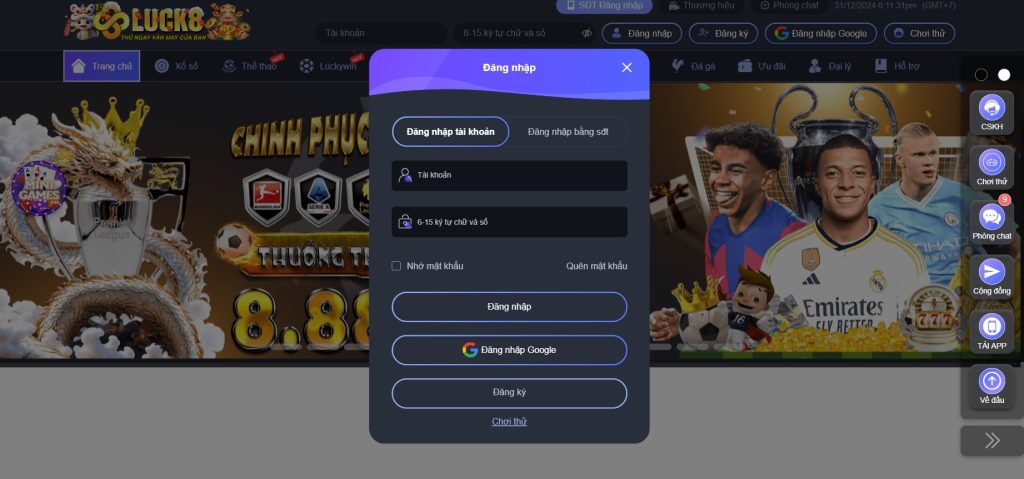 Hướng dẫn thao tác đăng nhập tài khoản Luck8 